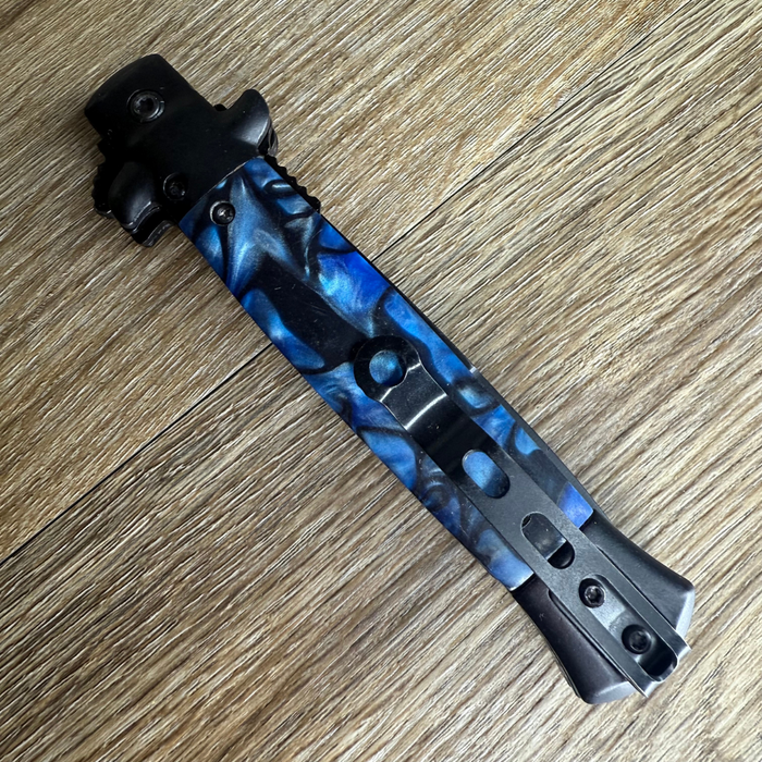 Blue Marble Stiletto Knife – 9" Spring-Assisted Black Tactical Blade