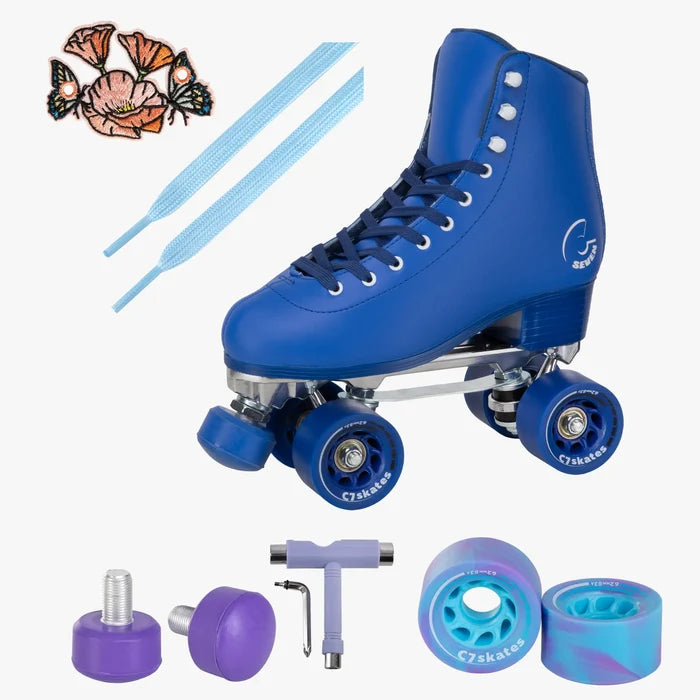 Blue roller skate with accessories on a white background
