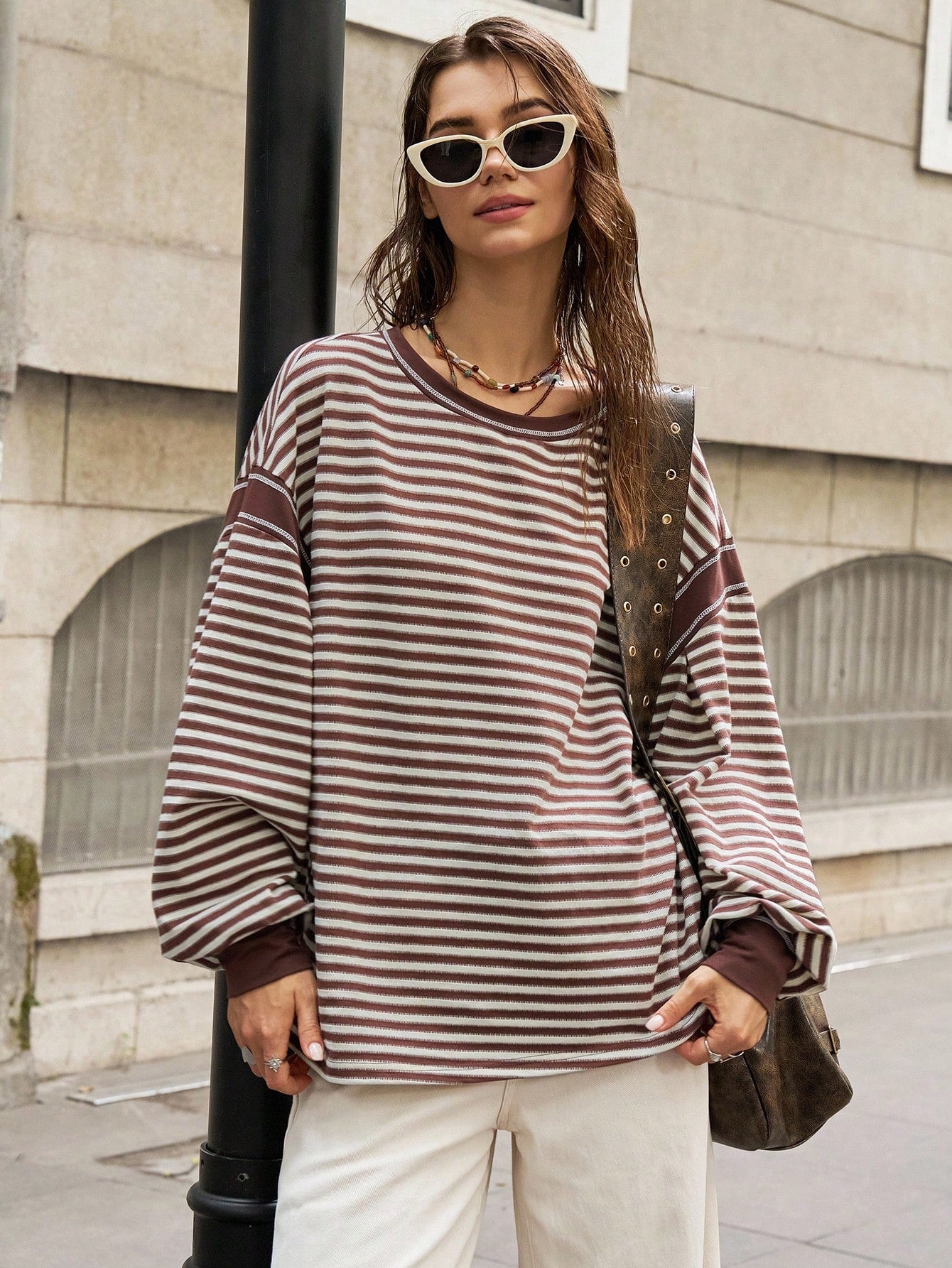 Bohemela Plus Size Women's Striped Round Neck Drop Shoulder Long Sleeve Casual T-Shirt,Fall Clothes For Women