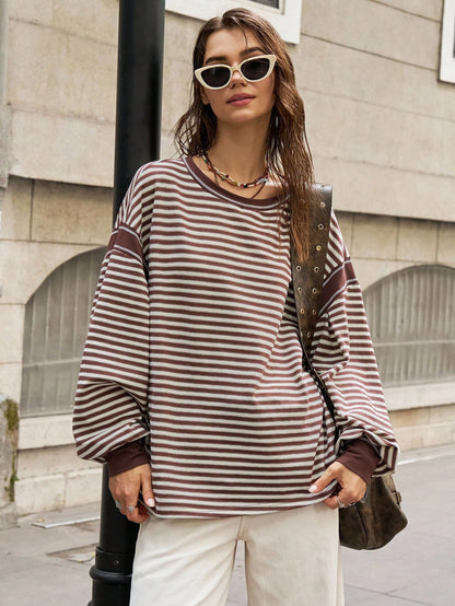 Bohemela Plus Size Women's Striped Round Neck Drop Shoulder Long Sleeve Casual T-Shirt,Fall Clothes For Women