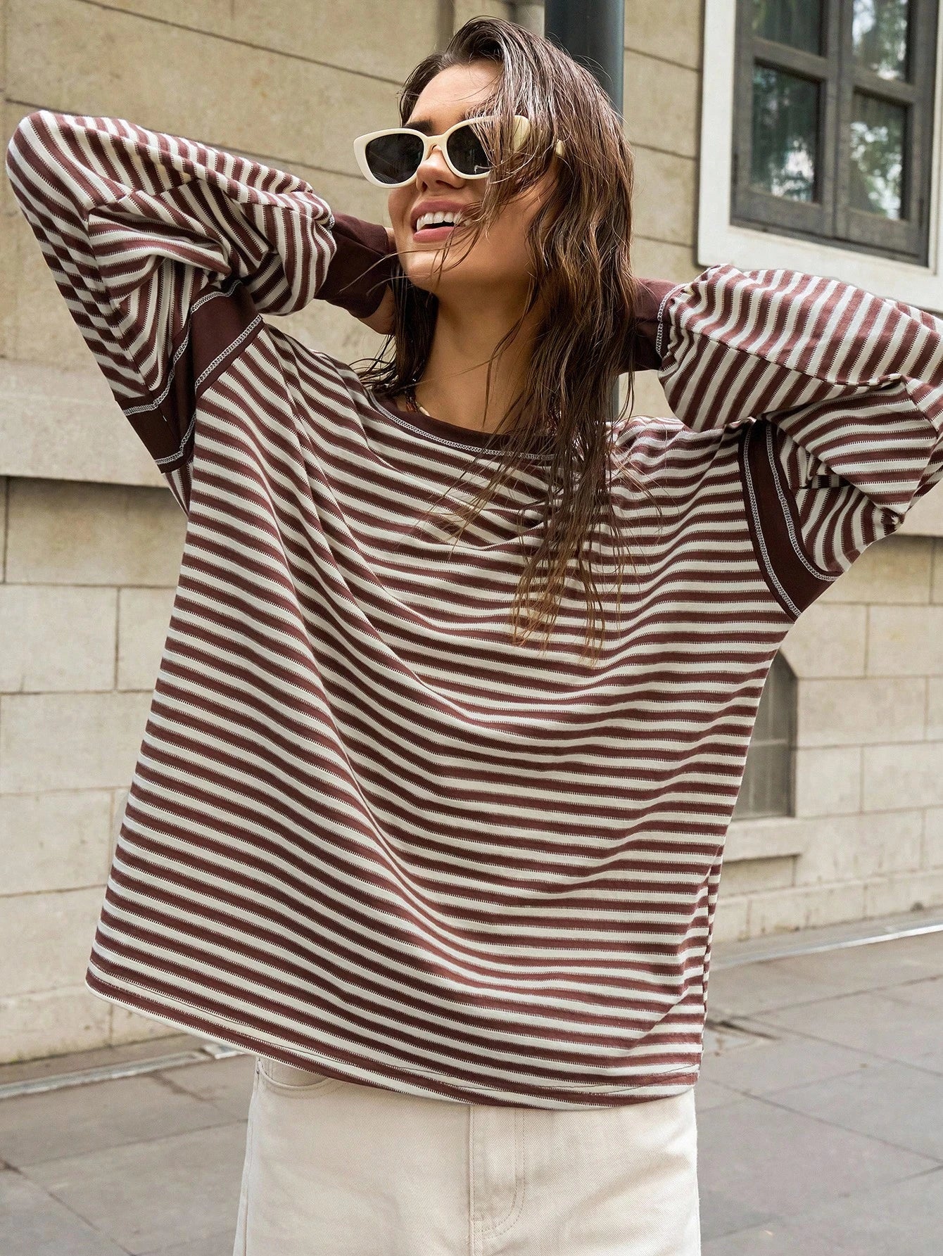 Bohemela Plus Size Women's Striped Round Neck Drop Shoulder Long Sleeve Casual T-Shirt,Fall Clothes For Women