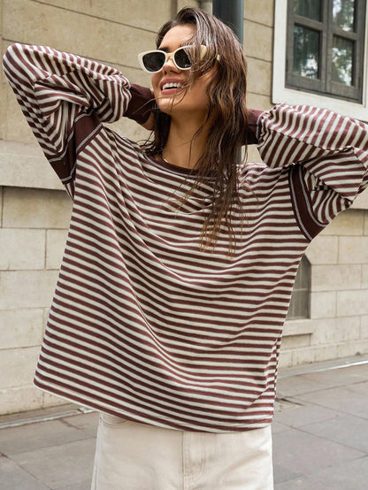 Bohemela Plus Size Women's Striped Round Neck Drop Shoulder Long Sleeve Casual T-Shirt,Fall Clothes For Women