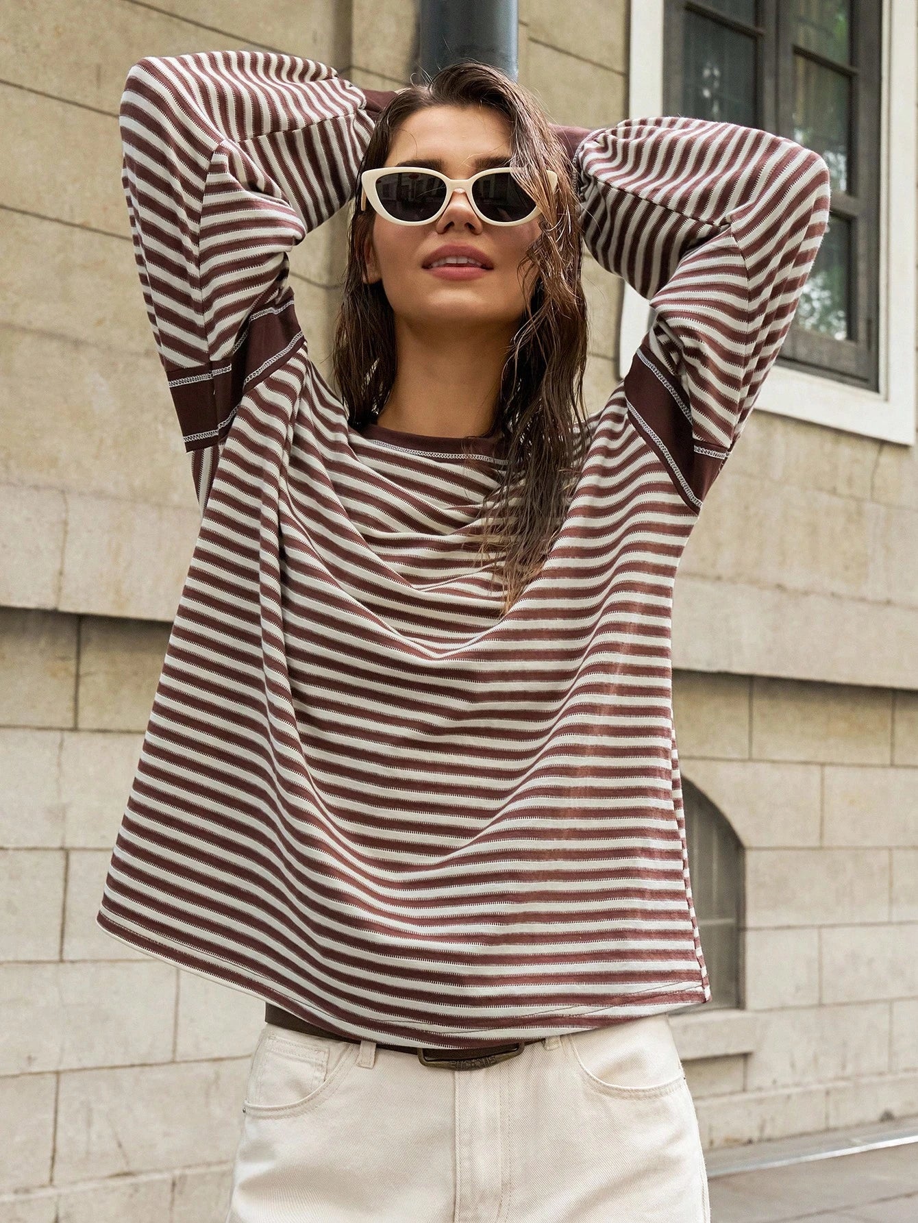 Bohemela Plus Size Women's Striped Round Neck Drop Shoulder Long Sleeve Casual T-Shirt,Fall Clothes For Women