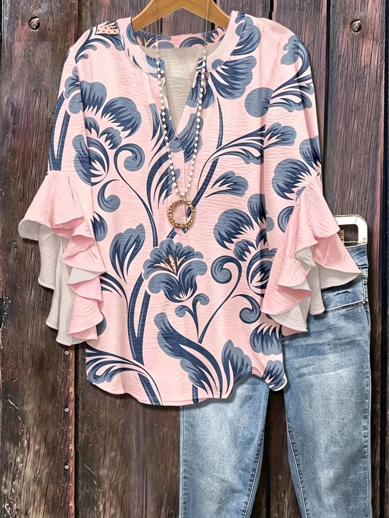 Bohemian Style Vintage Floral Print Blouse, Half-Open Collar Loose Flattering Multi-Layer Ruffle Sleeve Women Shirt Pink Vacation Summer, Boho Chic