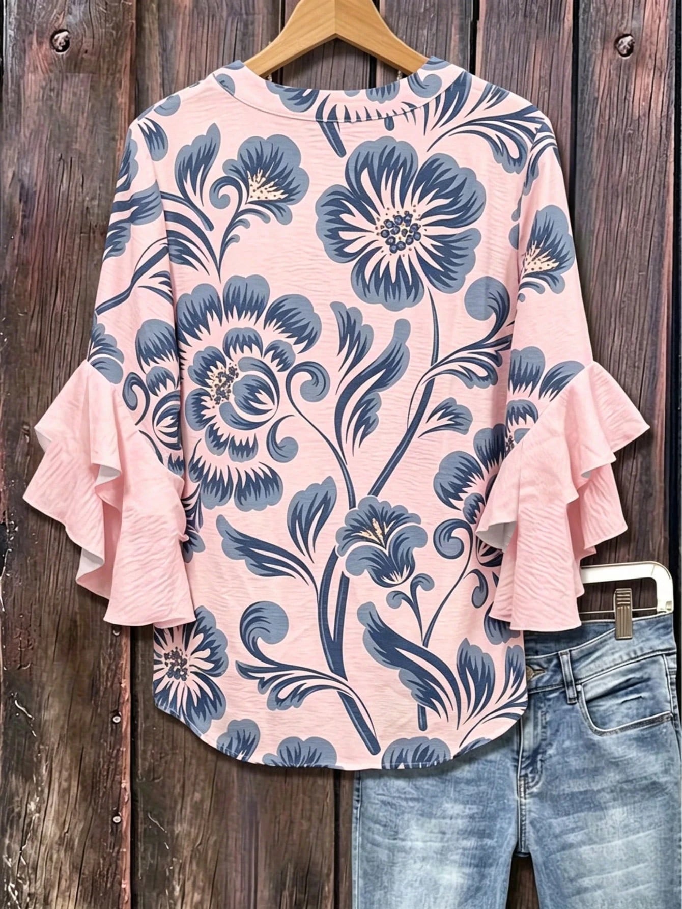 Bohemian Style Vintage Floral Print Blouse, Half-Open Collar Loose Flattering Multi-Layer Ruffle Sleeve Women Shirt Pink Vacation Summer, Boho Chic