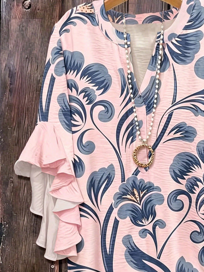 Bohemian Style Vintage Floral Print Blouse, Half-Open Collar Loose Flattering Multi-Layer Ruffle Sleeve Women Shirt Pink Vacation Summer, Boho Chic
