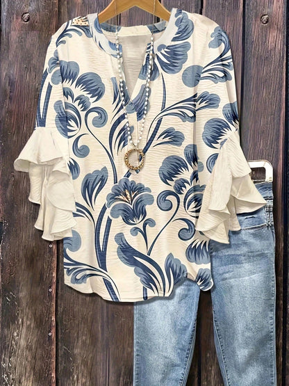 Bohemian Style Vintage Floral Print Blouse, Half-Open Collar Loose Flattering Multi-Layer Ruffle Sleeve Women Shirt Pink Vacation Summer, Boho Chic