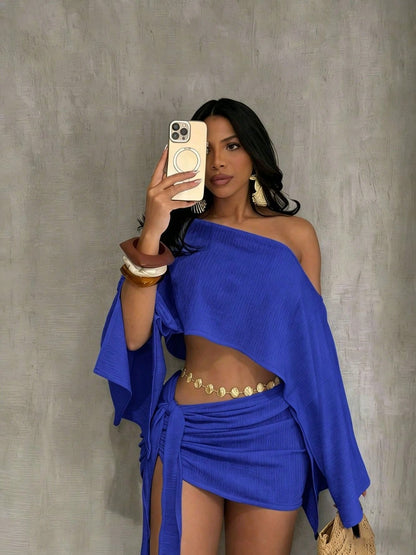 Boho 2 Piece Outfits Textured Off Shoulder Batwing Sleeve Top Tie Side Ruched Mini Skirt Set Sexy Solid Vacation 2Pic Outfits Summer Beach Resort Wear