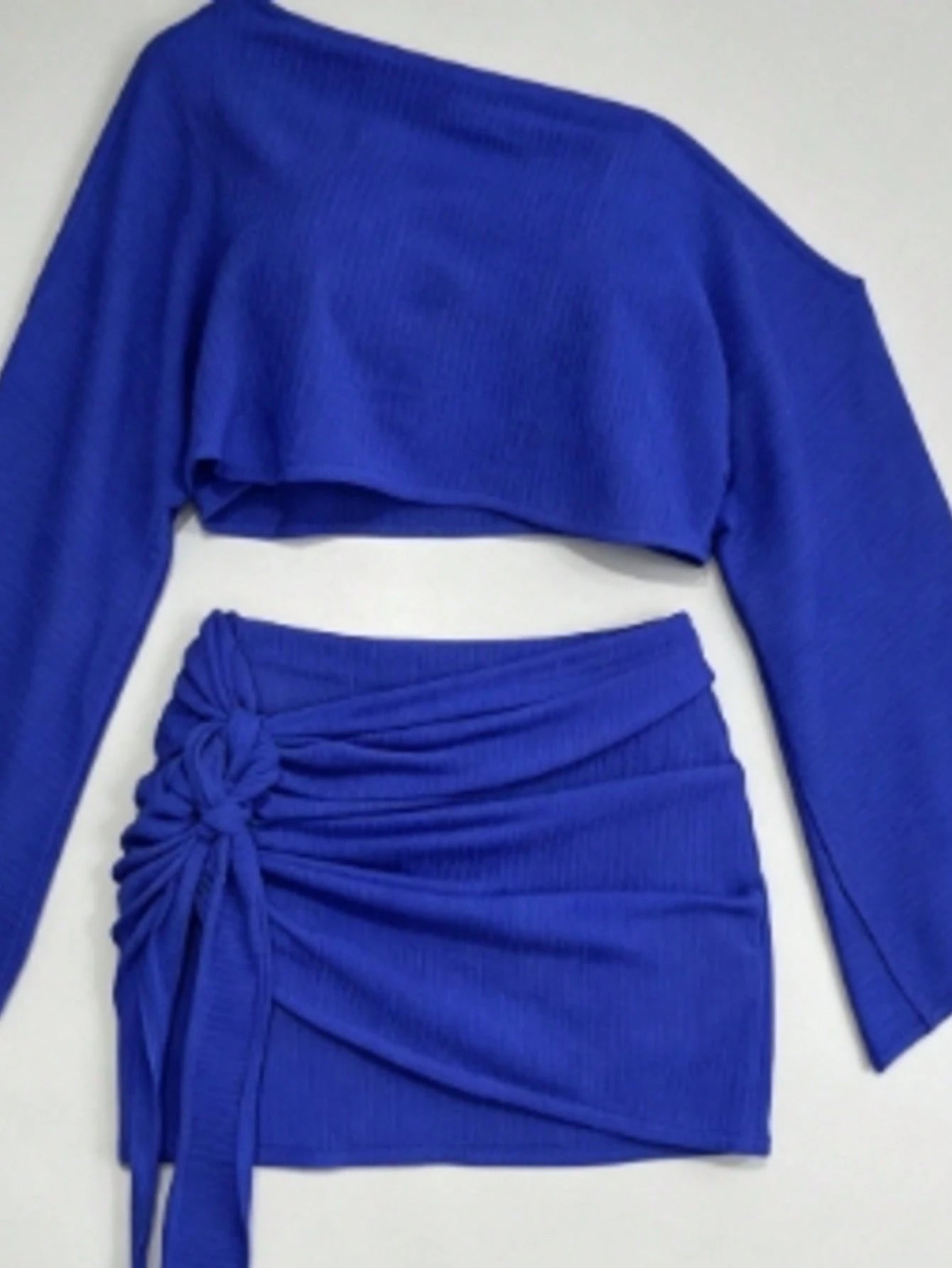 Boho 2 Piece Outfits Textured Off Shoulder Batwing Sleeve Top Tie Side Ruched Mini Skirt Set Sexy Solid Vacation 2Pic Outfits Summer Beach Resort Wear