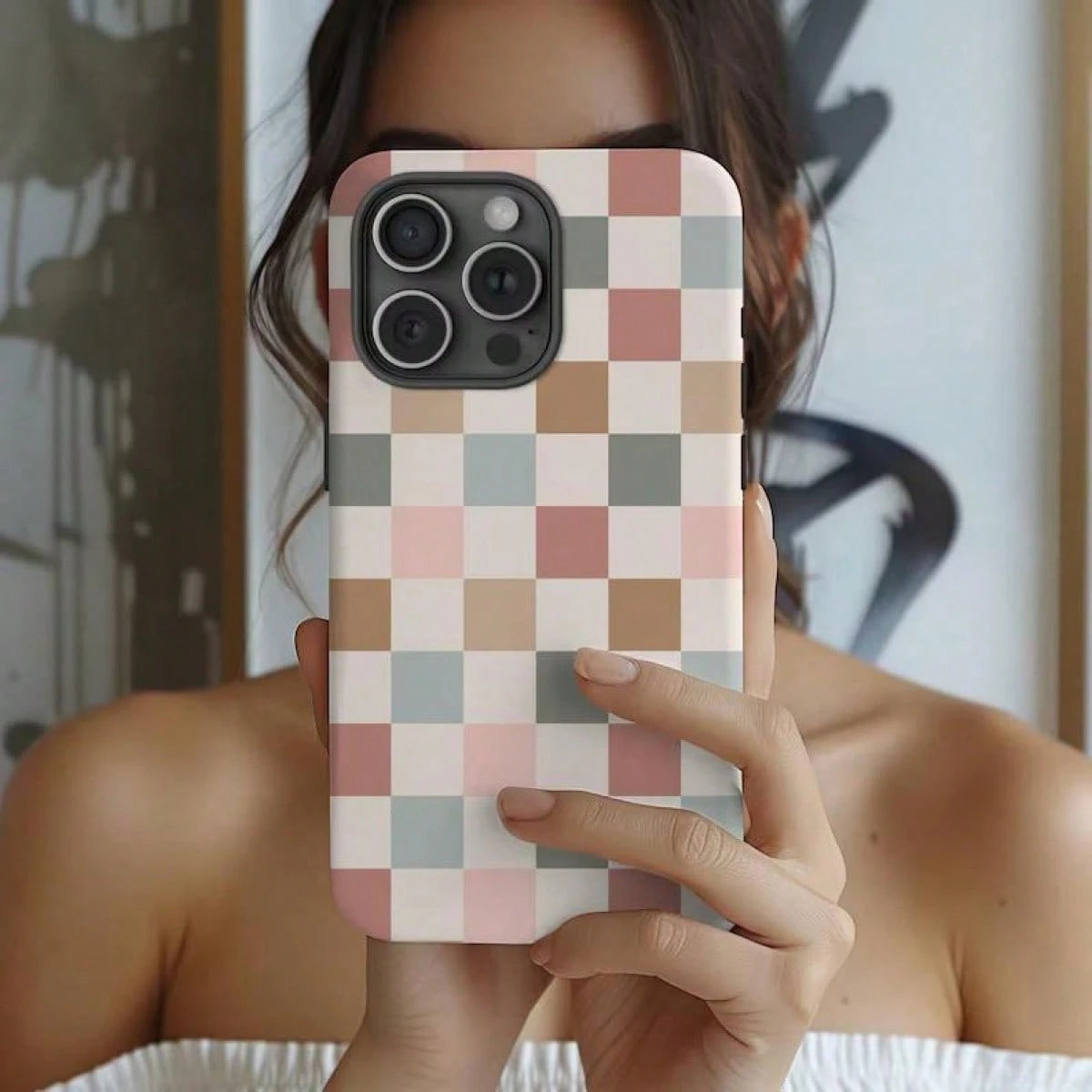 BOHO CHECKERED Case Cute Neutral Phone Cover For IPhone 16 15 14 13 12 Pro Max Plus Mini Phone Gift For Her Sweet,Suitable For IPhone 17 Air