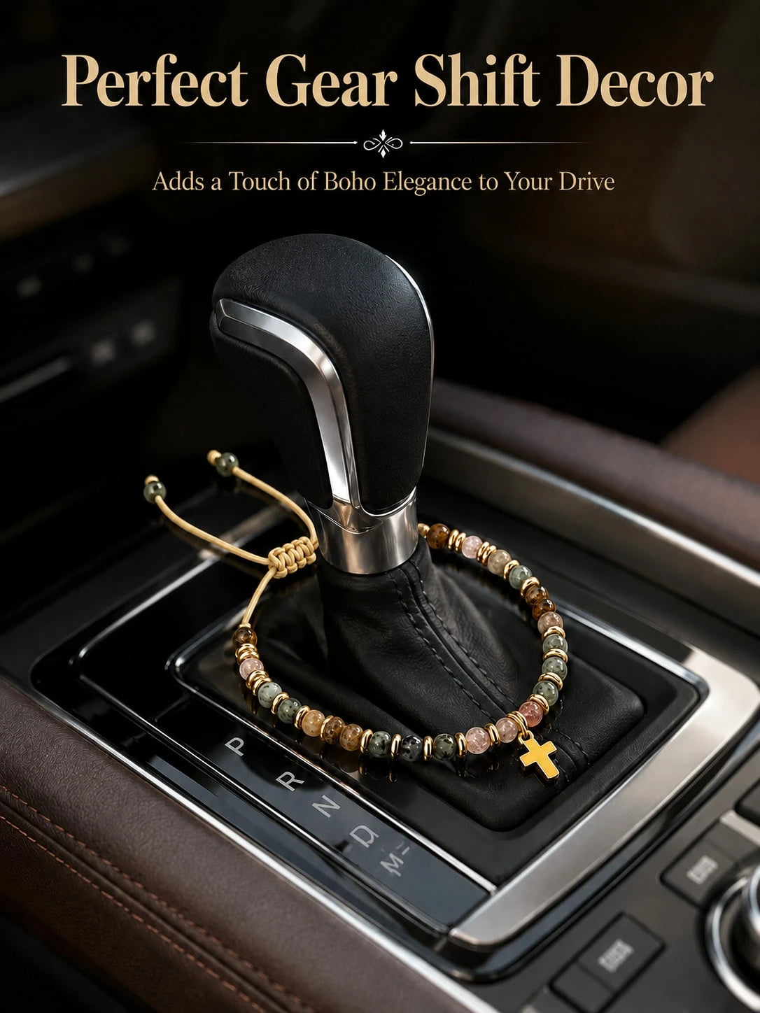 Boho Natural Stone Cross Car Hanging Ornament- Adjustable Wax Cord Beaded Charm For Rearview Mirror, Gear Shift & Home Decor,Mixed Natural Stone Beads,Ideal Birthday & Holiday Gift For Mom, Family, F