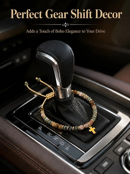 Boho Natural Stone Cross Car Hanging Ornament- Adjustable Wax Cord Beaded Charm For Rearview Mirror, Gear Shift & Home Decor,Mixed Natural Stone Beads,Ideal Birthday & Holiday Gift For Mom, Family, F