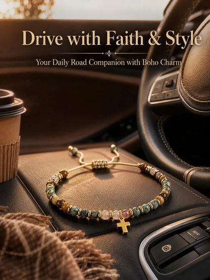 Boho Natural Stone Cross Car Hanging Ornament- Adjustable Wax Cord Beaded Charm For Rearview Mirror, Gear Shift & Home Decor,Mixed Natural Stone Beads,Ideal Birthday & Holiday Gift For Mom, Family, F