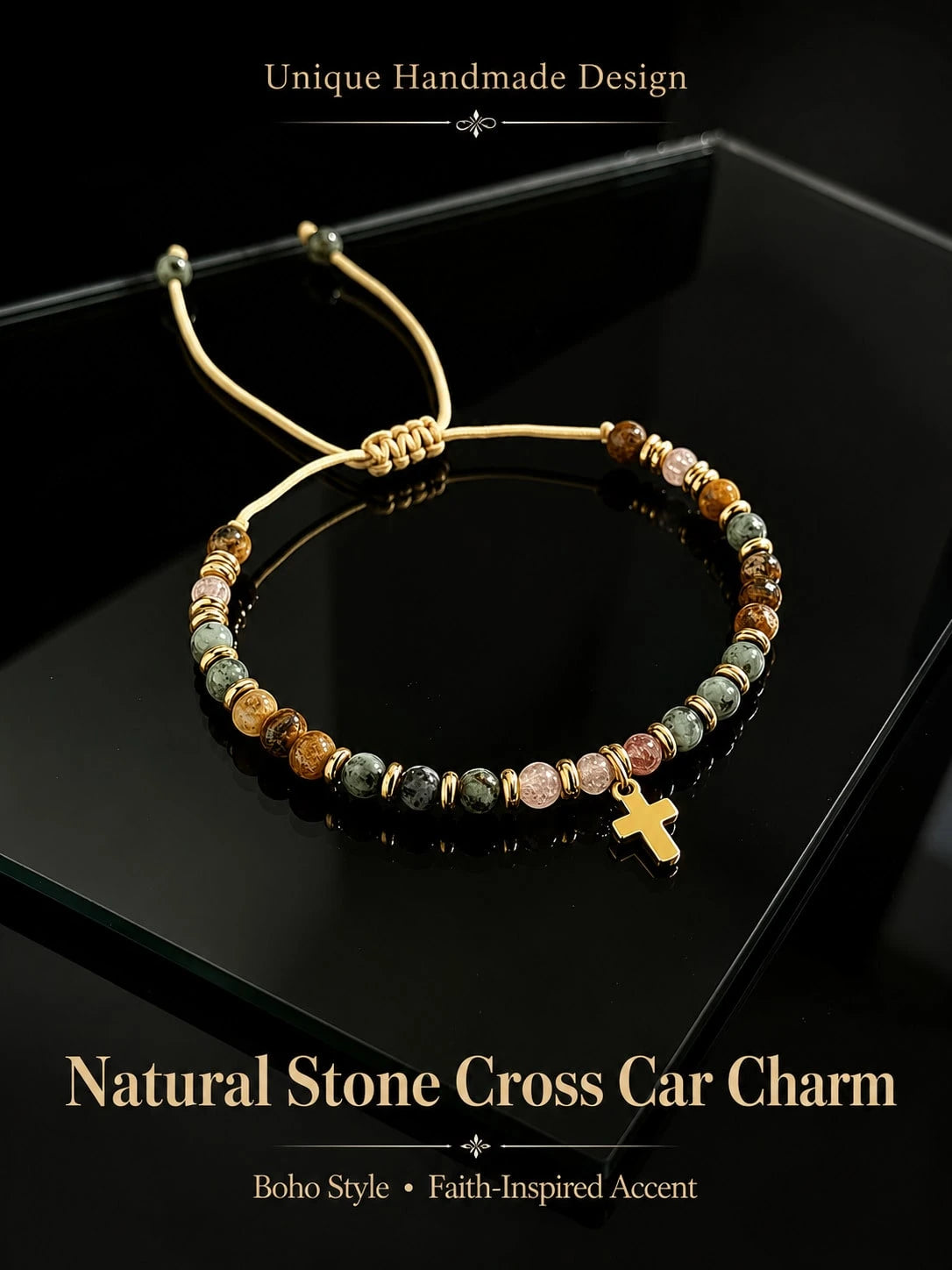 Boho Natural Stone Cross Car Hanging Ornament- Adjustable Wax Cord Beaded Charm For Rearview Mirror, Gear Shift & Home Decor,Mixed Natural Stone Beads,Ideal Birthday & Holiday Gift For Mom, Family, F