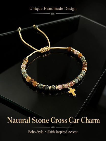 Boho Natural Stone Cross Car Hanging Ornament- Adjustable Wax Cord Beaded Charm For Rearview Mirror, Gear Shift & Home Decor,Mixed Natural Stone Beads,Ideal Birthday & Holiday Gift For Mom, Family, F