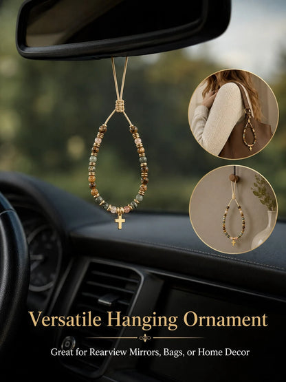 Boho Natural Stone Cross Car Hanging Ornament- Adjustable Wax Cord Beaded Charm For Rearview Mirror, Gear Shift & Home Decor,Mixed Natural Stone Beads,Ideal Birthday & Holiday Gift For Mom, Family, F