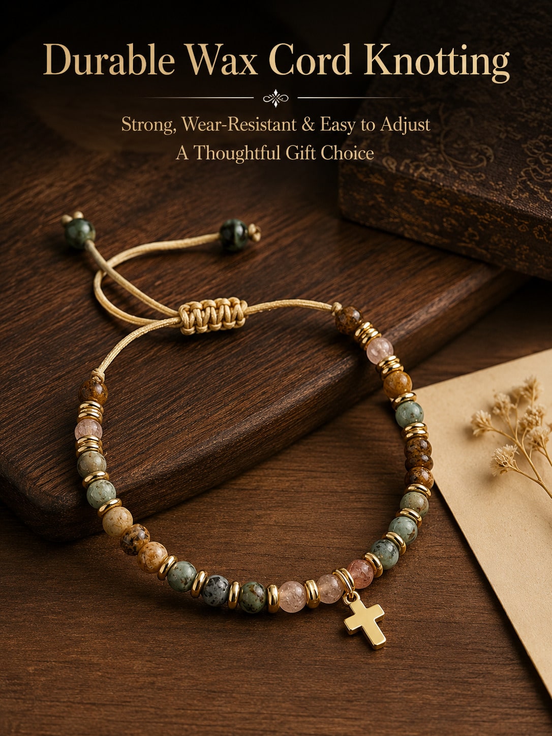 Boho Natural Stone Cross Car Hanging Ornament- Adjustable Wax Cord Beaded Charm For Rearview Mirror, Gear Shift & Home Decor,Mixed Natural Stone Beads,Ideal Birthday & Holiday Gift For Mom, Family, F