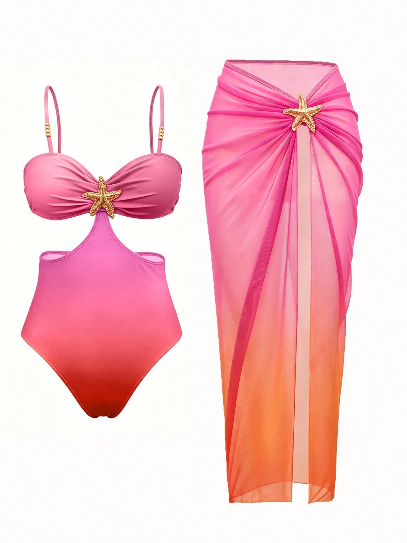 Bonvoyette 2-Piece One-Piece Swimsuit Set, Fashionable Sexy Starfish Decor Black Waist Cutout One-Piece Swimsuit With Elegant Pleated Slit Long Skirt, Suitable For Beach Vacation, Pool Party And Daily