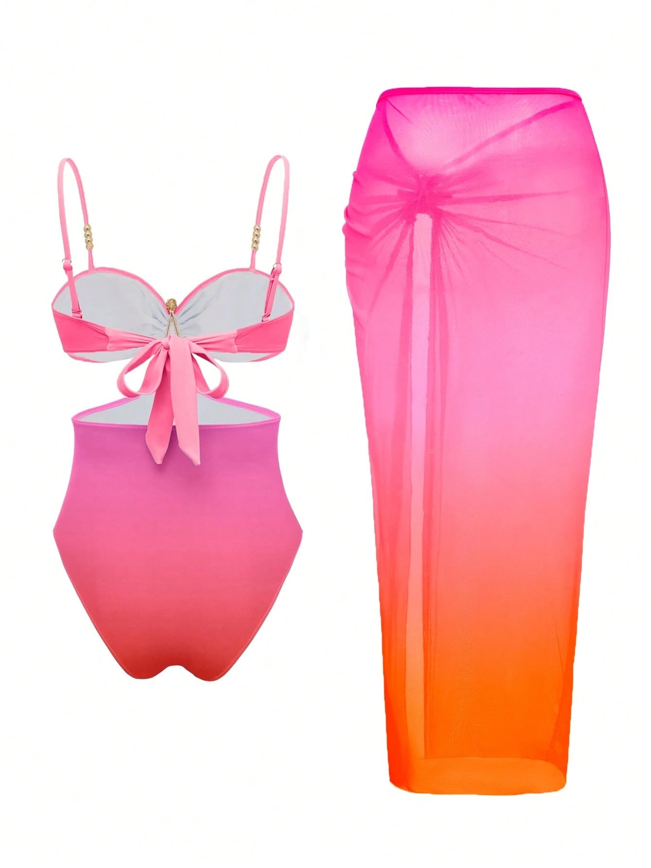 Bonvoyette 2-Piece One-Piece Swimsuit Set, Fashionable Sexy Starfish Decor Black Waist Cutout One-Piece Swimsuit With Elegant Pleated Slit Long Skirt, Suitable For Beach Vacation, Pool Party And Daily