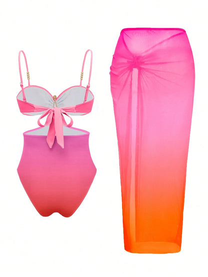 Bonvoyette 2-Piece One-Piece Swimsuit Set, Fashionable Sexy Starfish Decor Black Waist Cutout One-Piece Swimsuit With Elegant Pleated Slit Long Skirt, Suitable For Beach Vacation, Pool Party And Daily