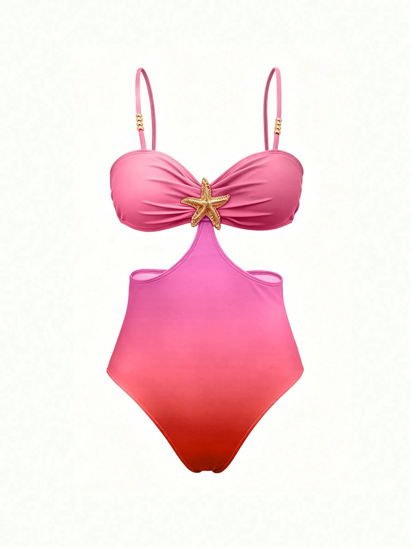 Bonvoyette 2-Piece One-Piece Swimsuit Set, Fashionable Sexy Starfish Decor Black Waist Cutout One-Piece Swimsuit With Elegant Pleated Slit Long Skirt, Suitable For Beach Vacation, Pool Party And Daily