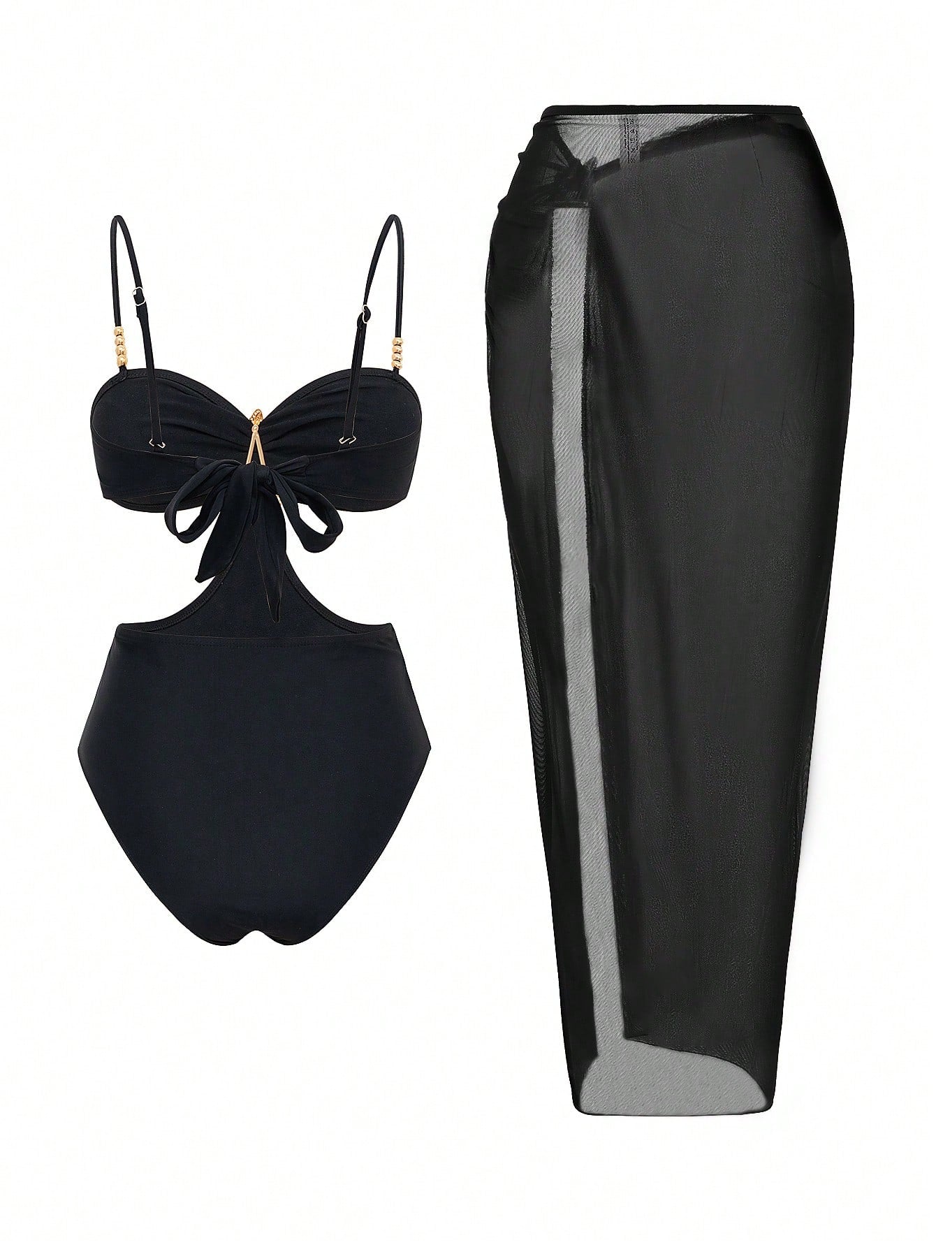Bonvoyette 2-Piece One-Piece Swimsuit Set, Fashionable Sexy Starfish Decor Black Waist Cutout One-Piece Swimsuit With Elegant Pleated Slit Long Skirt, Suitable For Beach Vacation, Pool Party And Daily
