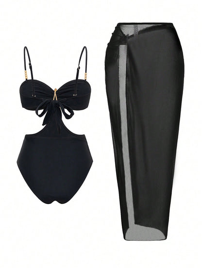 Bonvoyette 2-Piece One-Piece Swimsuit Set, Fashionable Sexy Starfish Decor Black Waist Cutout One-Piece Swimsuit With Elegant Pleated Slit Long Skirt, Suitable For Beach Vacation, Pool Party And Daily