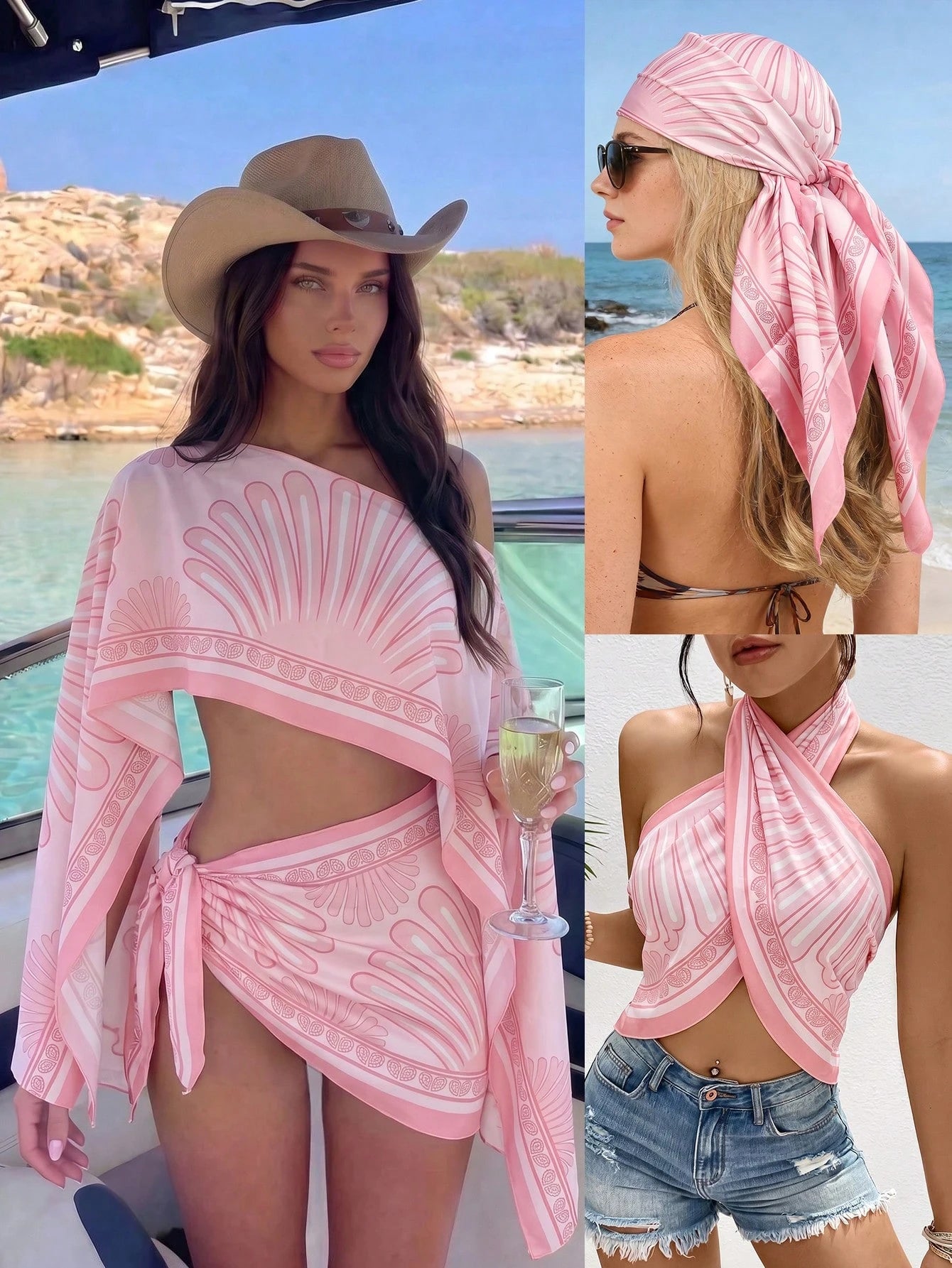 Bonvoyette Summer Swimwear New Women's Beach Vacation Elegant Sexy Casual Hot Girl Mesh Floral Print Pink Asymmetrical Shoulder, Asymmetrical Neckline Split Long Bell Sleeve Plus Triangle Scarf Tie Wr