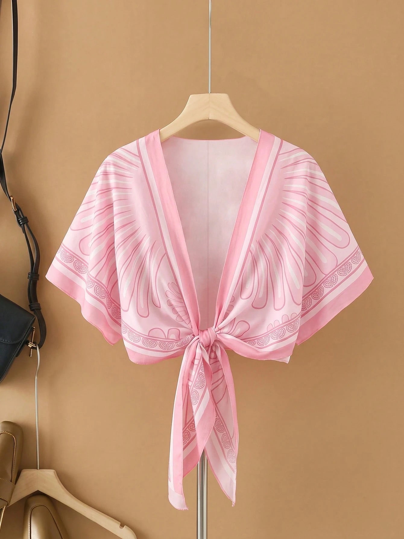 Bonvoyette Summer Swimwear New Women's Beach Vacation Elegant Sexy Casual Hot Girl Mesh Floral Print Pink Asymmetrical Shoulder, Asymmetrical Neckline Split Long Bell Sleeve Plus Triangle Scarf Tie Wr