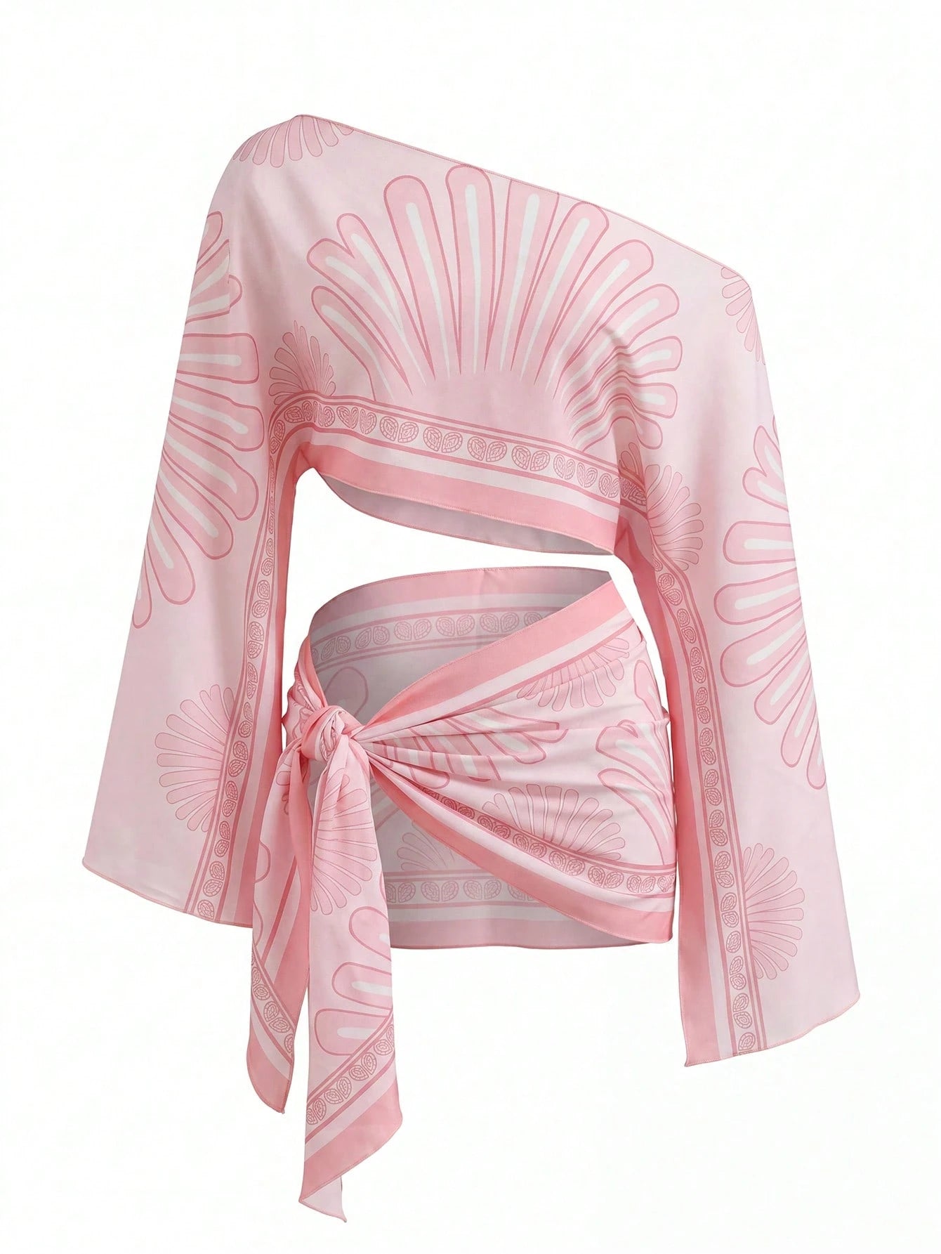 Bonvoyette Summer Swimwear New Women's Beach Vacation Elegant Sexy Casual Hot Girl Mesh Floral Print Pink Asymmetrical Shoulder, Asymmetrical Neckline Split Long Bell Sleeve Plus Triangle Scarf Tie Wr