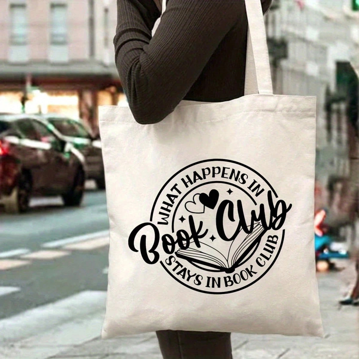 Book Club Tote Bag- "What Happens In Book Club Stays In Book Club" Printed Design With Book & Hearts- Beige & Black Durable Bookshelf Print For Women & Men, Reading Group Gifts, Book Lovers Accessor