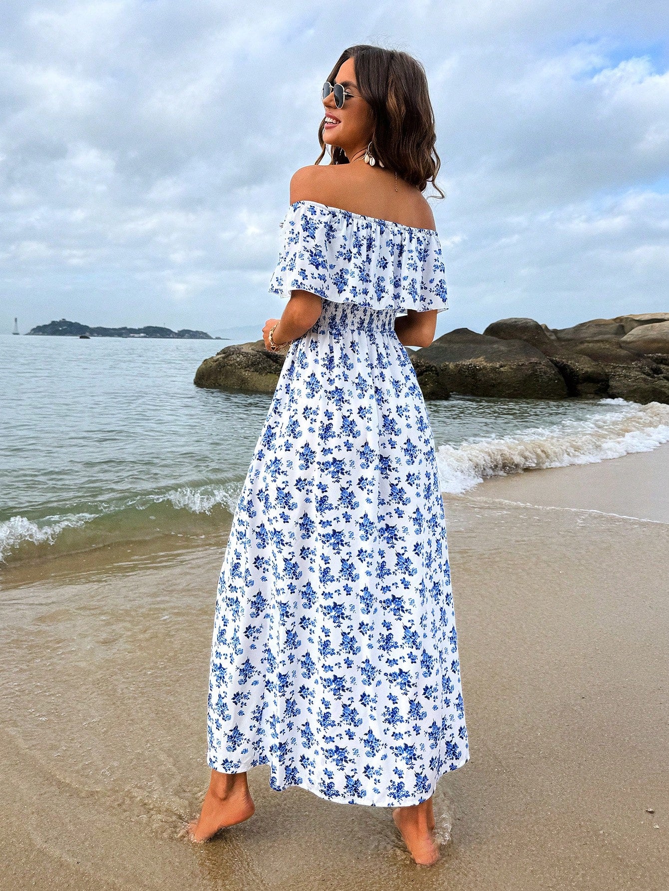 Breezaya Off Shoulder High Slit Simple Casual Dress, Fashionable For Everyday Wear