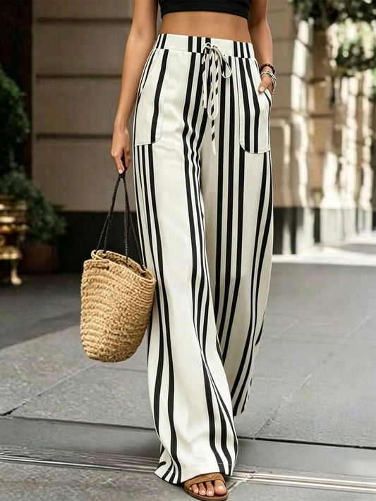 Breezaya Women's Black And White Checkered Striped Wide-Leg Trousers,Summer Flowy Elasticated Low-Rise Casual Pants For Brunch,Vacation,Holiday,Y2K Business
