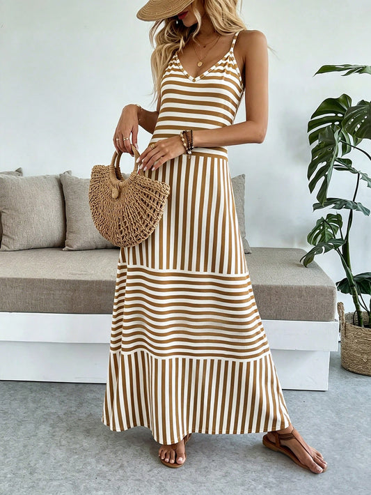 Breezaya Women's Casual Vacation Bohemian Style Striped Spaghetti Strap Dress