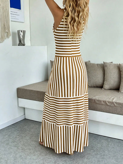 Breezaya Women's Casual Vacation Bohemian Style Striped Spaghetti Strap Dress