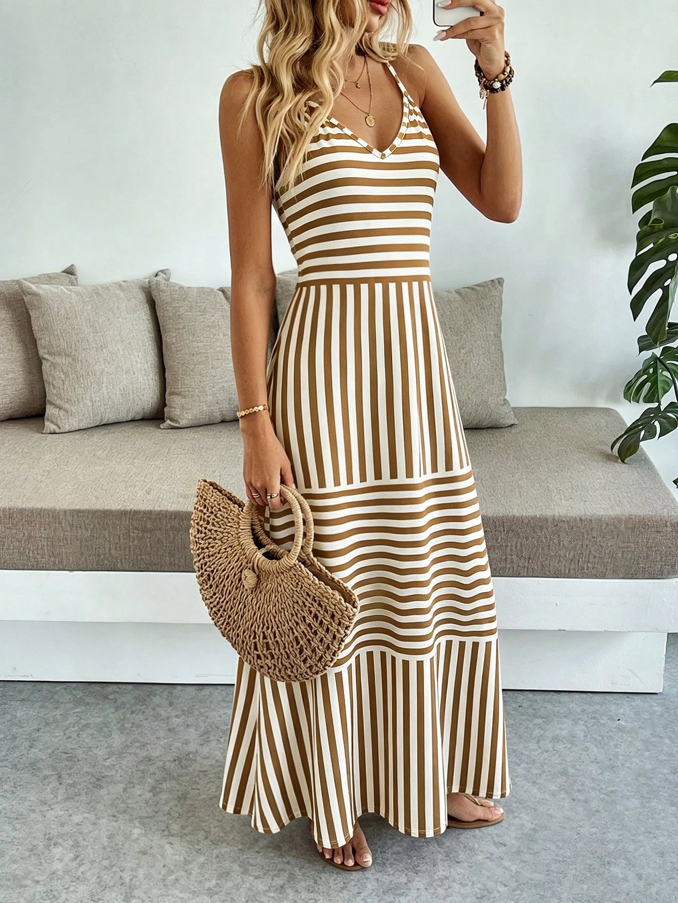 Breezaya Women's Casual Vacation Bohemian Style Striped Spaghetti Strap Dress