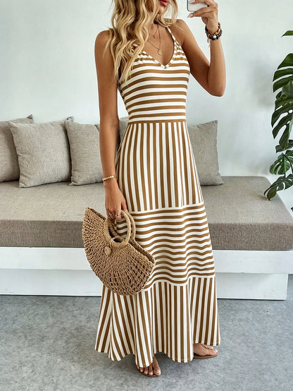 Breezaya Women's Casual Vacation Bohemian Style Striped Spaghetti Strap Dress