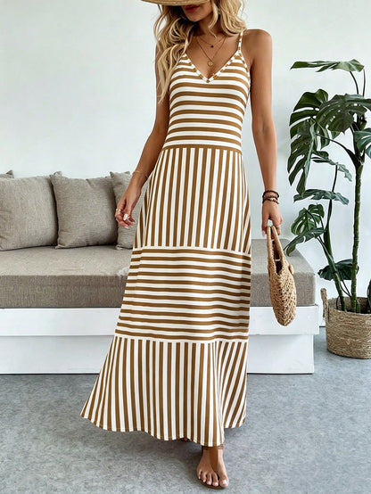 Breezaya Women's Casual Vacation Bohemian Style Striped Spaghetti Strap Dress