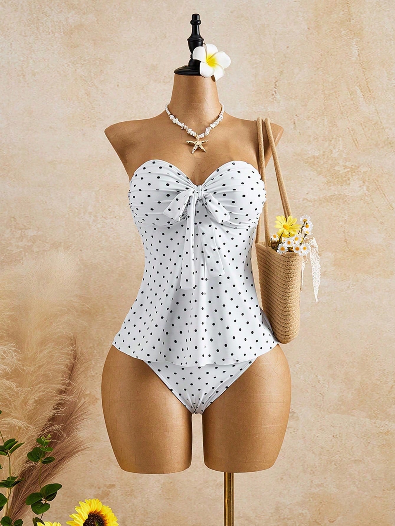 Breezaya Women's Summer Beach Polka Dot Print Knotted Front Bandeau Tankini Set Bow Tie Summer Beach Striped Bandeau Side Drawstring Tankini Swimsuit Vacation, Retro