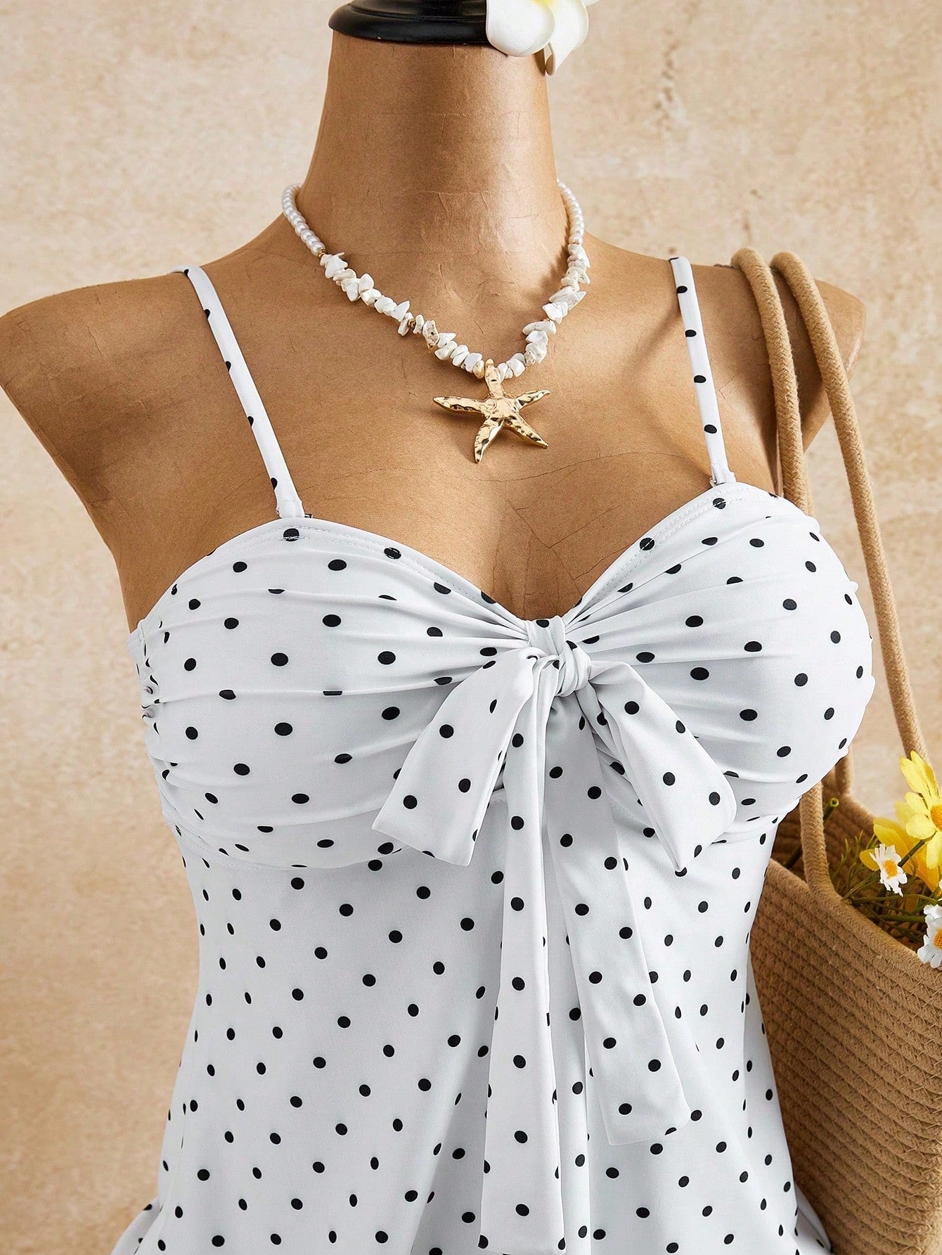 Breezaya Women's Summer Beach Polka Dot Print Knotted Front Bandeau Tankini Set Bow Tie Summer Beach Striped Bandeau Side Drawstring Tankini Swimsuit Vacation, Retro