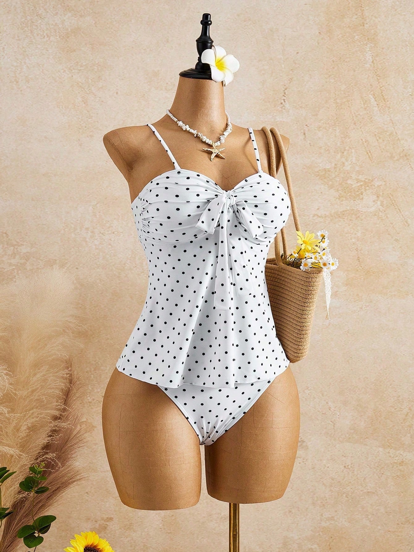 Breezaya Women's Summer Beach Polka Dot Print Knotted Front Bandeau Tankini Set Bow Tie Summer Beach Striped Bandeau Side Drawstring Tankini Swimsuit Vacation, Retro