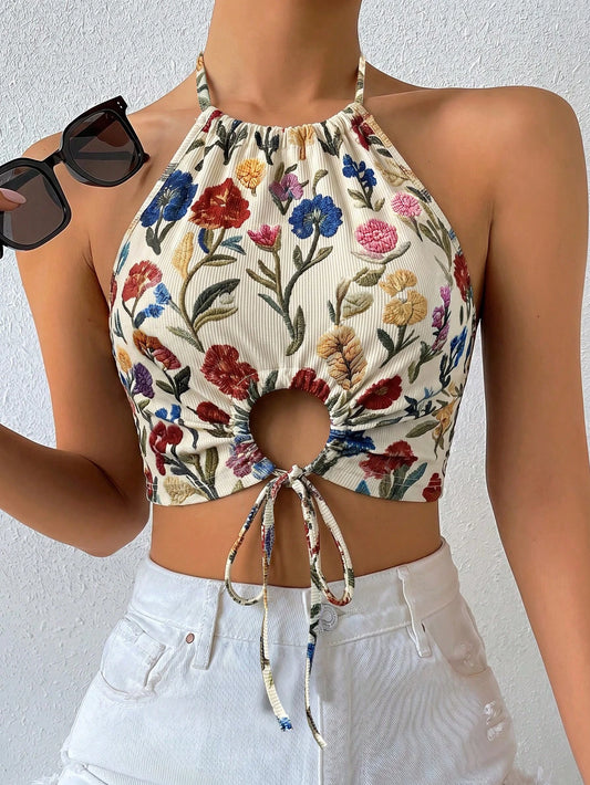 Breezaya Women's Summer Leopard Print Hollow Out Tie-Up Crop Top Graphic Cheetah Print Tees Women Tops