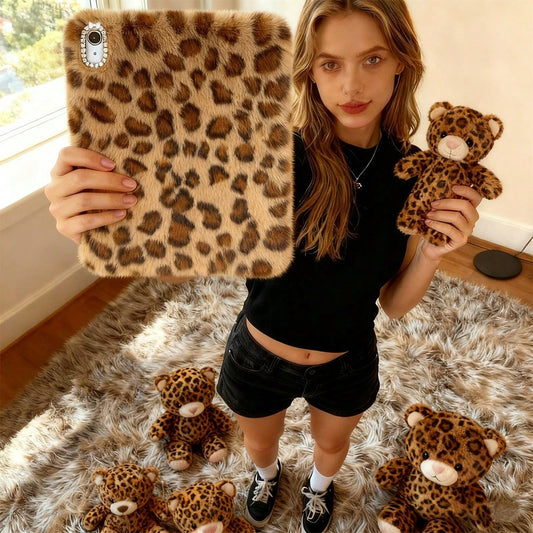 Brown Leopard Plush IPad Protective Case With Stylus Holder- Fits IPad 10th/11th Gen, New A16 Model (2022/2025), IPad Air 11/Pro 11 & 7th/8th/9th Gen| Cute Girly And Stylish Design, Tablet Desktop D