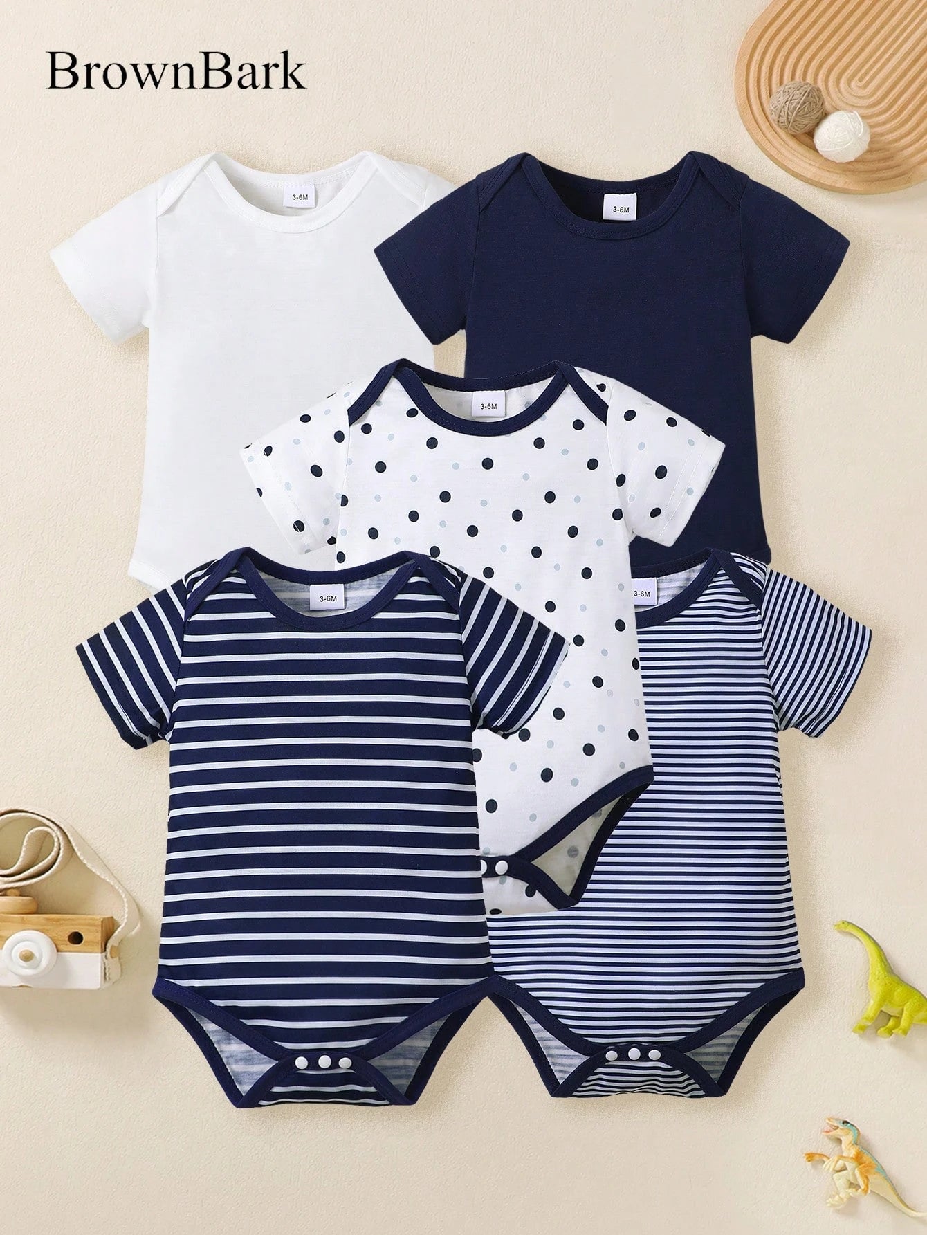 BrownBark 5pcs Baby Boys Newborn Casual Cute Infant Short Sleeve Bodysuit, Soft & Comfortable Baby Suitable For Indoor Casual Wear And Outdoor, Newborn Gift