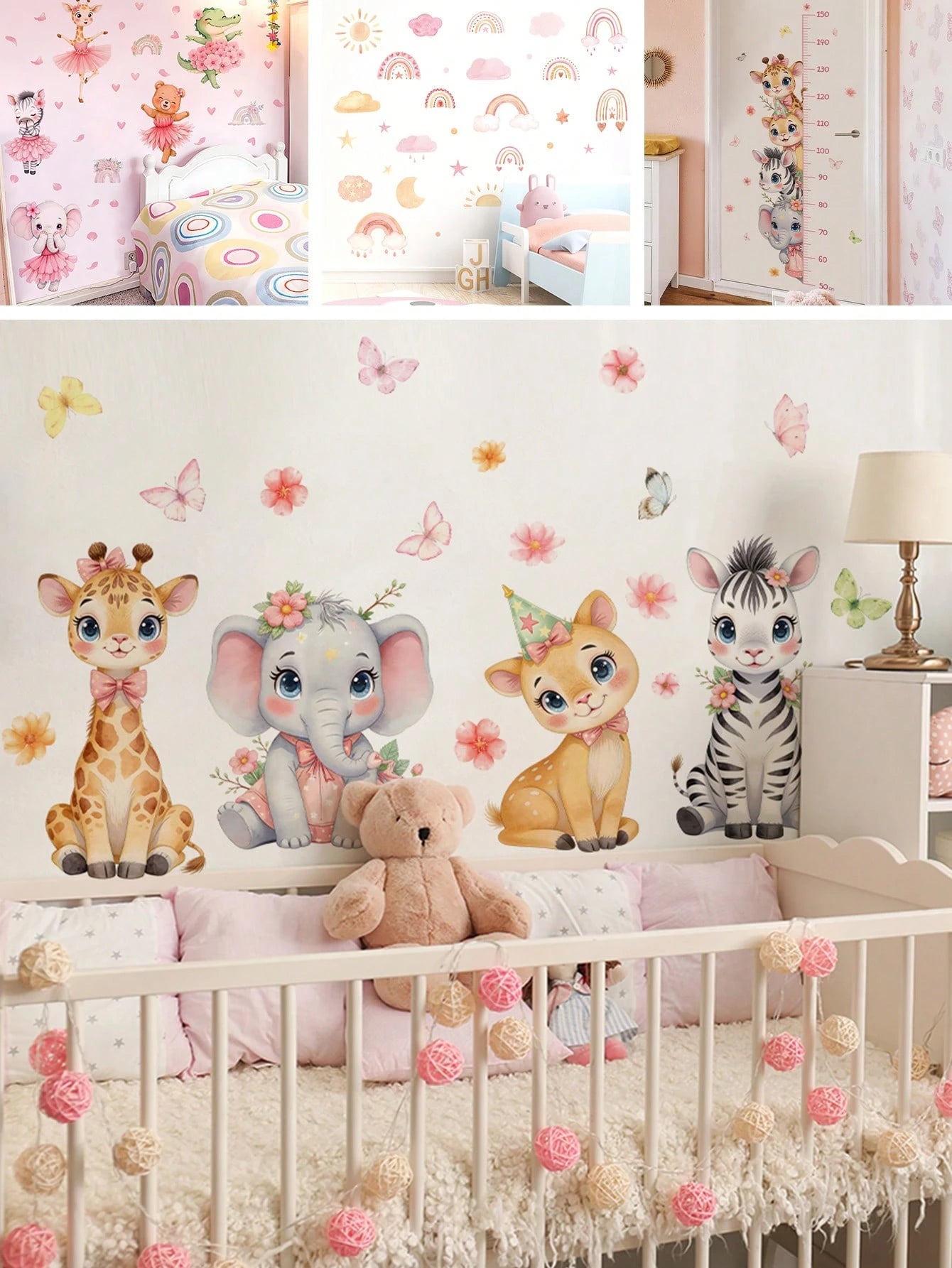 BRUP 1/2sheets Watercolor Cute Jungle Animals Wall Stickers Cartoon Giraffe Elephant Deer Zebra Decals Wall Art For Girls Room, Nursery Kids Bedroom Decor