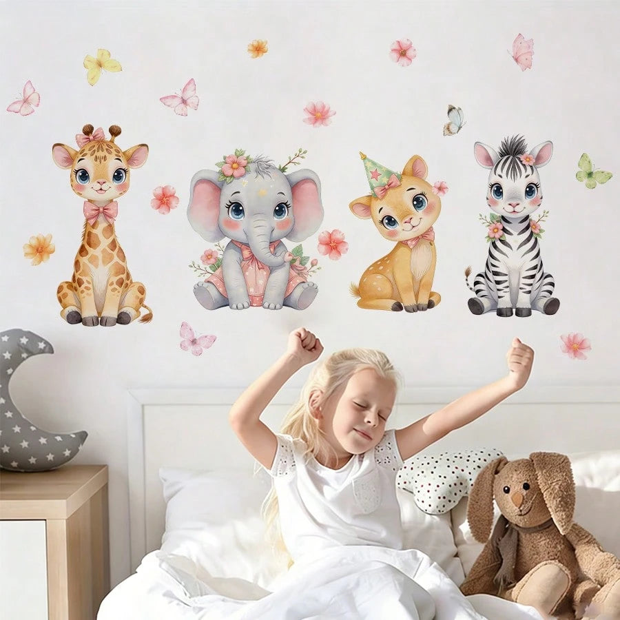 BRUP 1/2sheets Watercolor Cute Jungle Animals Wall Stickers Cartoon Giraffe Elephant Deer Zebra Decals Wall Art For Girls Room, Nursery Kids Bedroom Decor