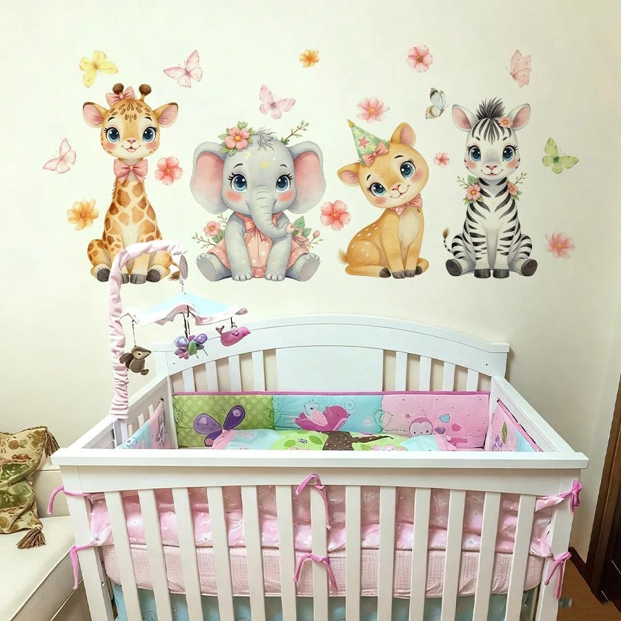 BRUP 1/2sheets Watercolor Cute Jungle Animals Wall Stickers Cartoon Giraffe Elephant Deer Zebra Decals Wall Art For Girls Room, Nursery Kids Bedroom Decor