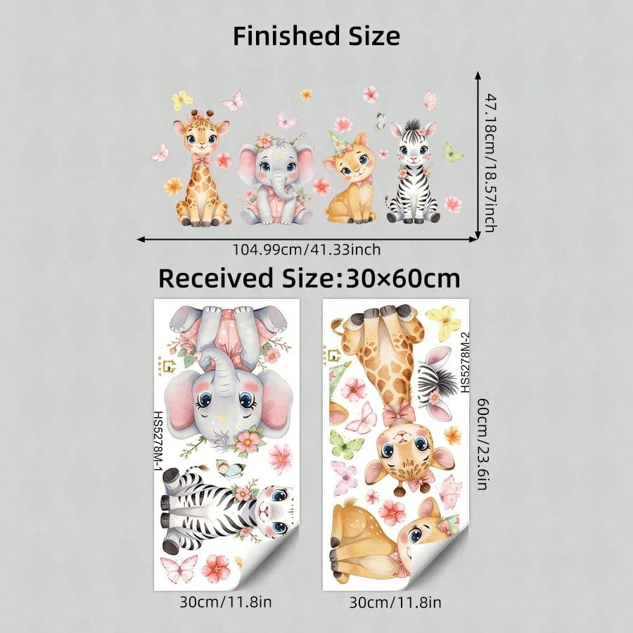 BRUP 1/2sheets Watercolor Cute Jungle Animals Wall Stickers Cartoon Giraffe Elephant Deer Zebra Decals Wall Art For Girls Room, Nursery Kids Bedroom Decor
