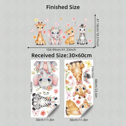 BRUP 1/2sheets Watercolor Cute Jungle Animals Wall Stickers Cartoon Giraffe Elephant Deer Zebra Decals Wall Art For Girls Room, Nursery Kids Bedroom Decor