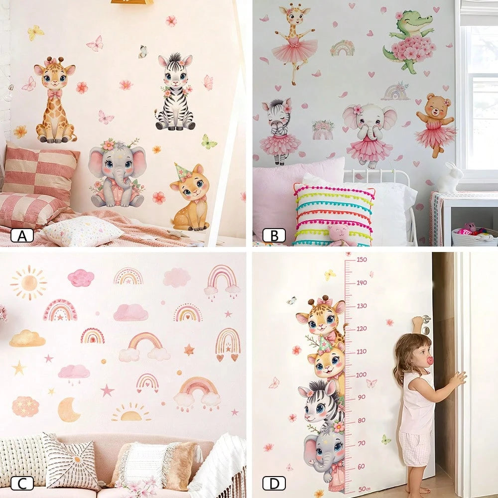 BRUP 1/2sheets Watercolor Cute Jungle Animals Wall Stickers Cartoon Giraffe Elephant Deer Zebra Decals Wall Art For Girls Room, Nursery Kids Bedroom Decor